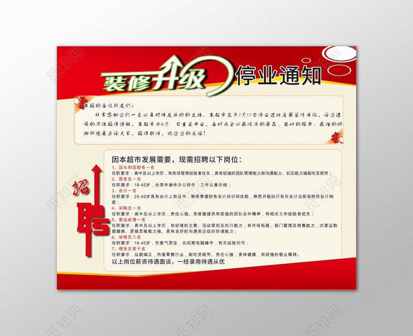 红色装修升级停业通知海报