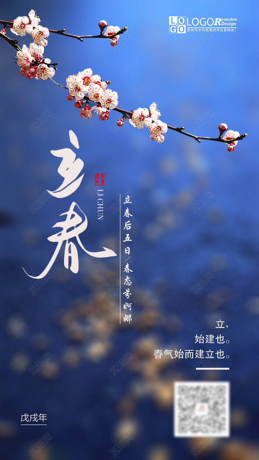 二十四节气立春春天蓝色模糊背景梅花简约海报