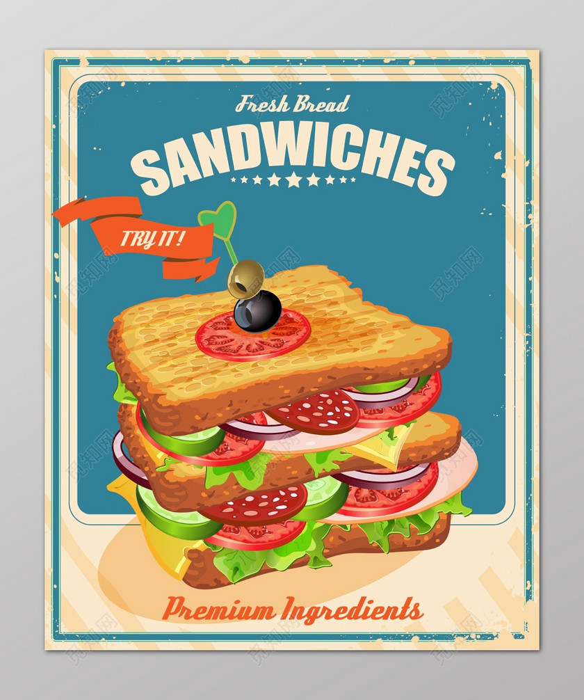 复古精致手绘三明治食品安全英文海报