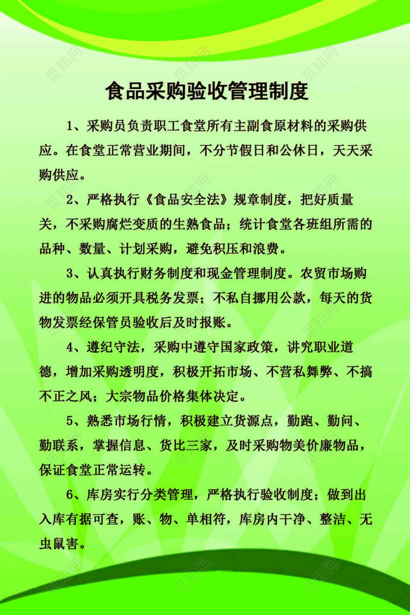 职工食堂采购验收制度采购员两项规定绿色底纹展板