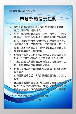 服饰公司市场部员工岗位责任制制度牌