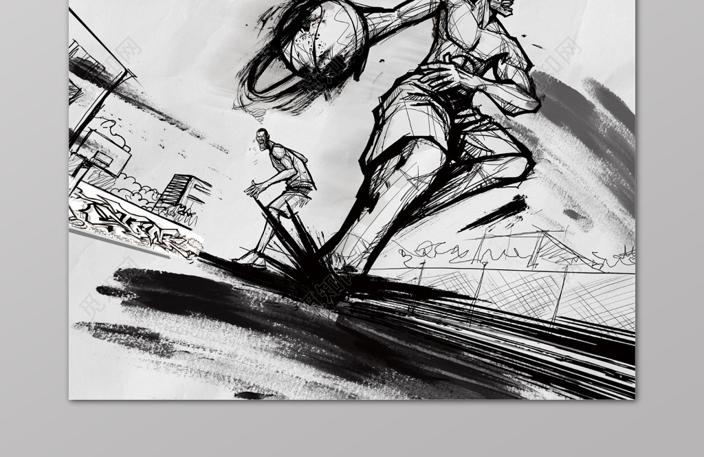 黑白顶级球馆素描简笔画打篮球篮球比赛篮球大赛海报