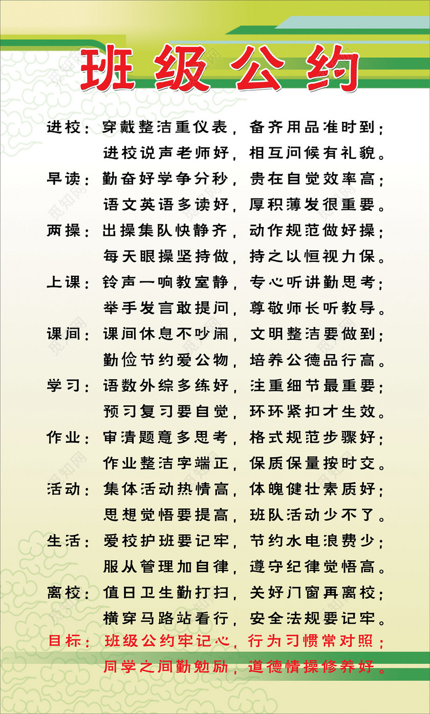 班级文明公约绿色白色行为准则七字诀班级公约学生班集体展板设计