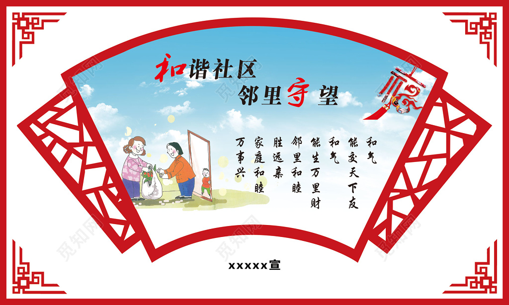 社区打造和谐社区邻里守望和谐社区中国风展板设计