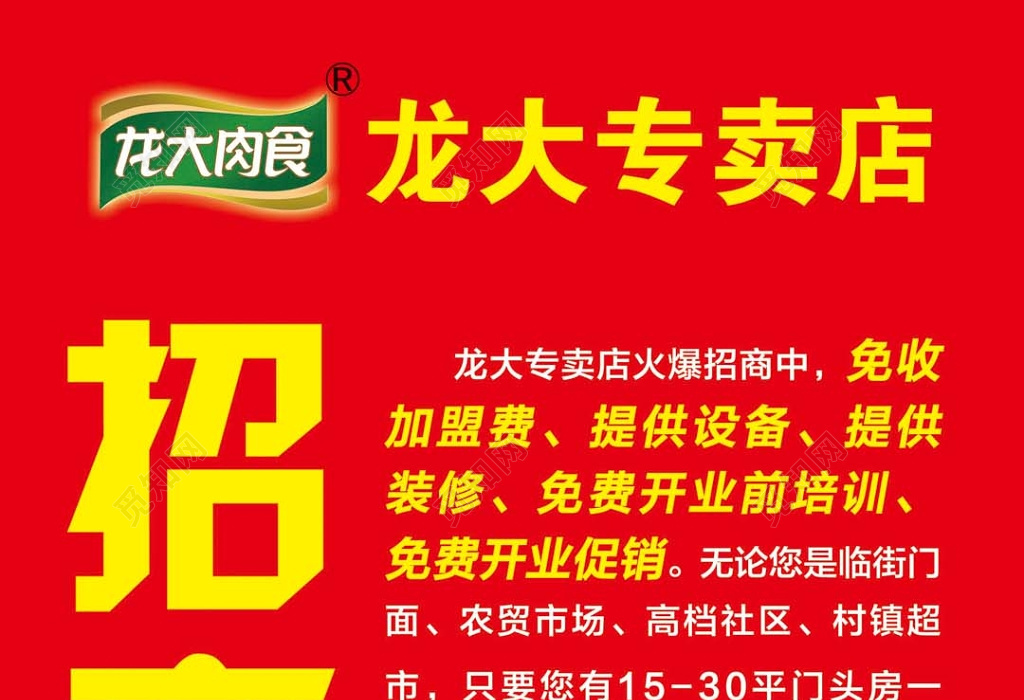 大气红色城市背景招商加盟龙大肉食宣传海报