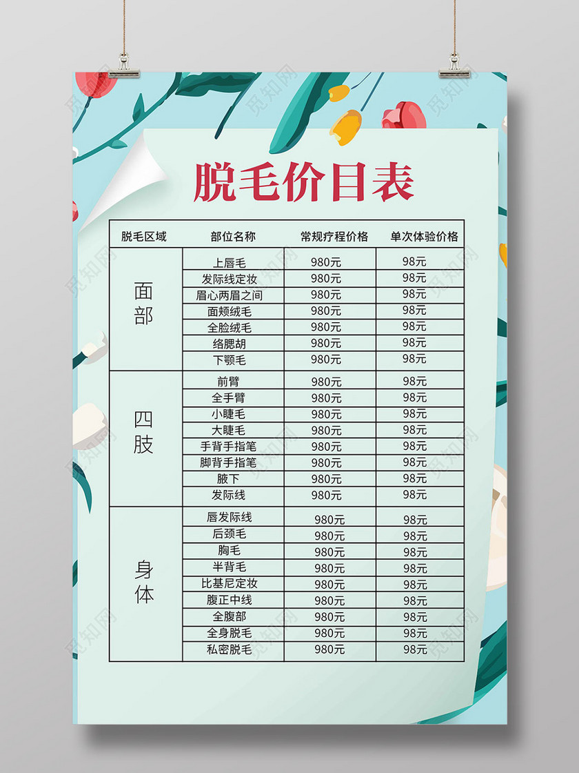 美容脱毛价目表海报