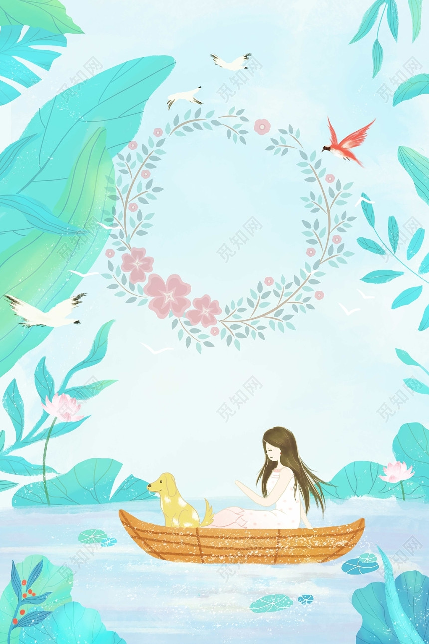 手绘卡通少女和狗夏天立夏二十四节气绿色背景海报
