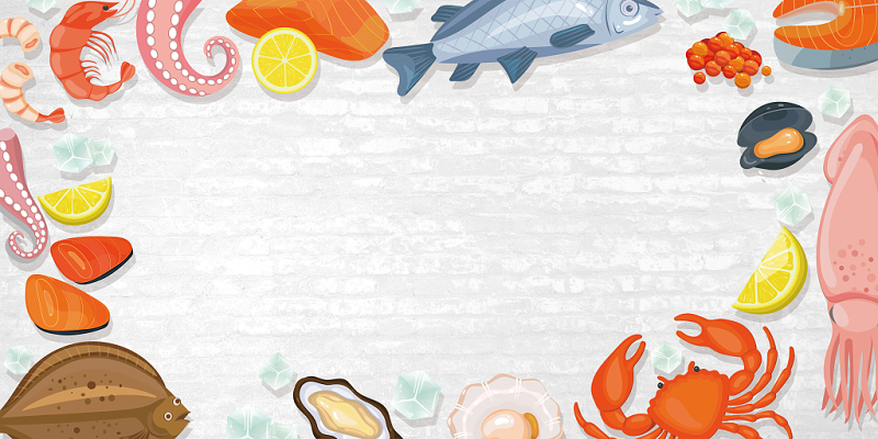 手绘卡通生鲜鱼肉超市促销白色背景海报