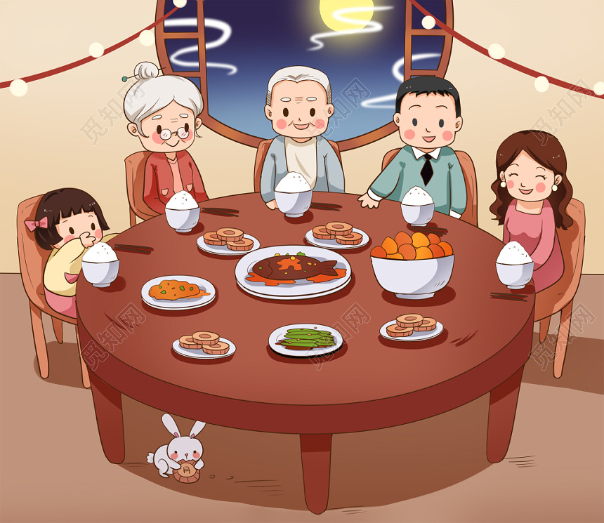 全家福中秋中秋节手绘卡通中秋节家人团圆人物素材