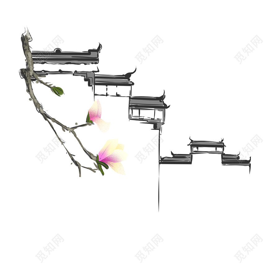 手绘中国风江南水乡建筑素材