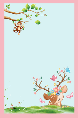 可爱动物ppt背景图片,可爱动物背景图片 蓝色卡通动物可爱动物草地小鹿猴子树枝海报展板背景素材