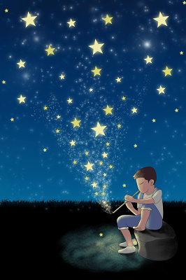 手绘卡通梦幻星空星空下坐在石头上吹笛子的小男孩原创插画背景