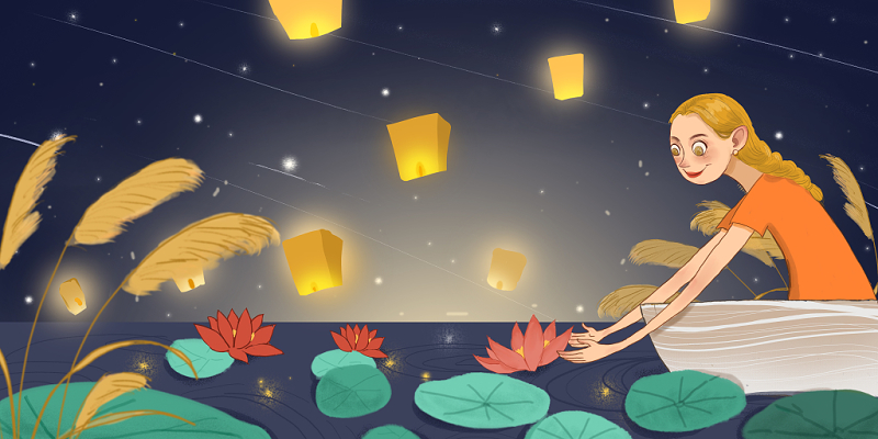 中元节盂兰节七月节祭拜先人卡通手绘唯美放荷花灯原创插画背景素
