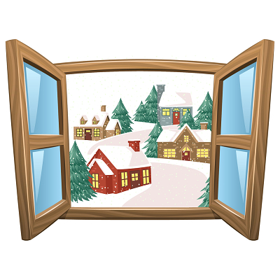 卡通立冬冬天雪景树窗户素材