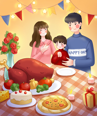 全家福节日卡通手绘感恩节一家人火鸡晚餐原创设计素材