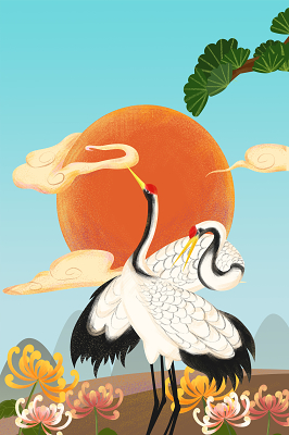 中国风重阳插画仙鹤背景海报素材