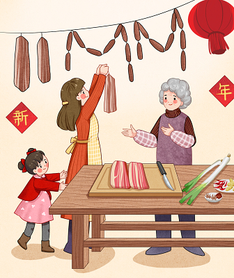 卡通手绘新年春节习俗做腊肉原创设计素材
