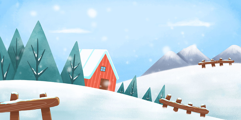 冬季雪山栅栏农场房子森林卡通背景素材