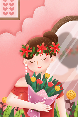 手绘38妇女节手上捧着花束的美丽女人妇女节背景海报素材