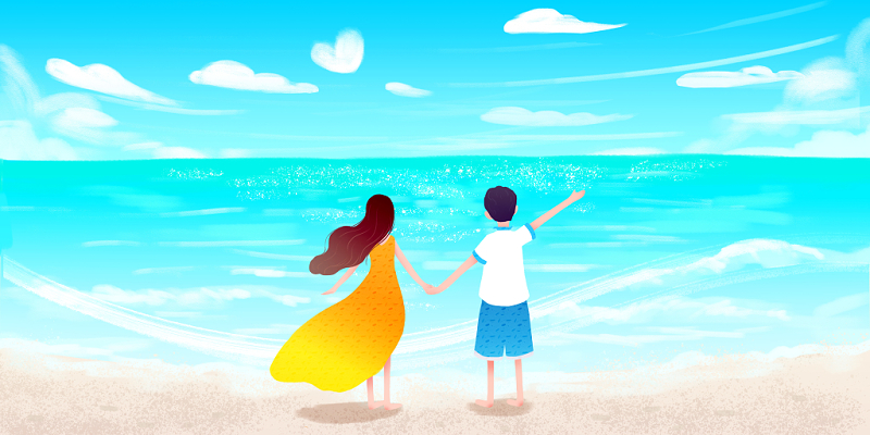 海洋插画情人节插画卡通手绘情人节情侣海滩人物大海蓝天白云背影海报