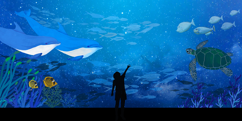 海洋插画清新唯美梦幻海豚海底原创插画素材