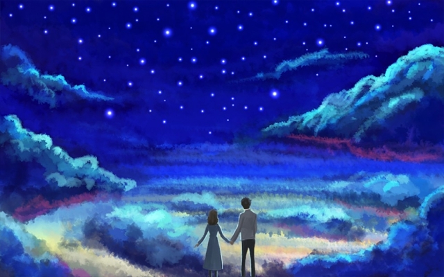 文艺情侣星空情人节原创插画素材