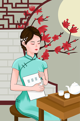 古风民国蓝色旗袍女子看书插画
