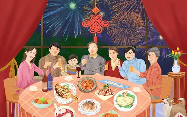 全家福年夜饭一家人喜庆年夜饭一家人吃饭春节新年