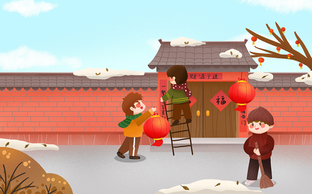 手绘新年春节小年挂灯笼打扫卫生小年原创插画素材