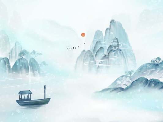 中国古风风景山水水墨原创插画素材