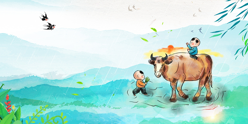 绿色小清新山水清明节清明追思牧童放牛背景素材