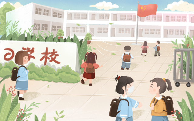 卡通手绘春季学生开学场景原创插画素材