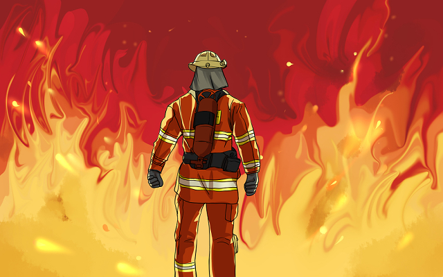 卡通手绘消防英雄背影原创插画素材