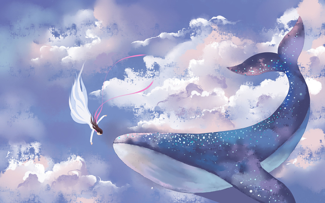 唯美天空鲸鱼和女孩插画海报