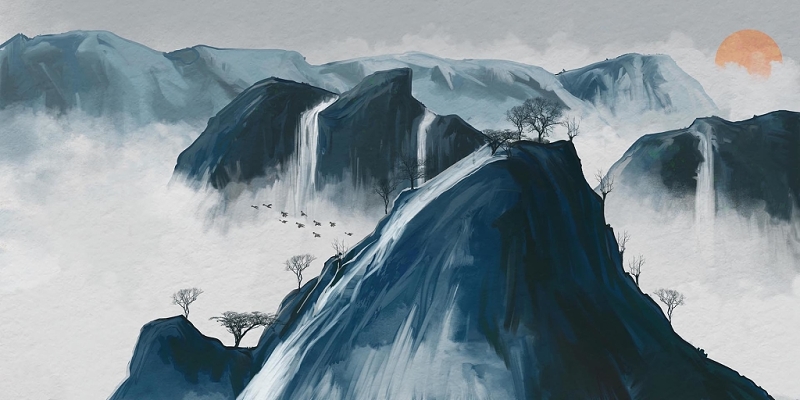 中国风水墨水彩山水画群山风景原创插画素材