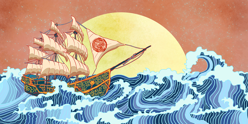 国潮唯美手绘大海帆船远航海浪航海日原创插画素材海报