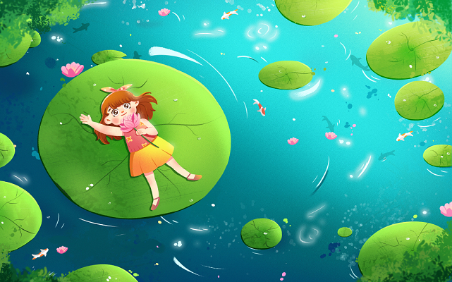 卡通绿色夏天小暑池塘乘凉女孩荷花池原创插画海报素材