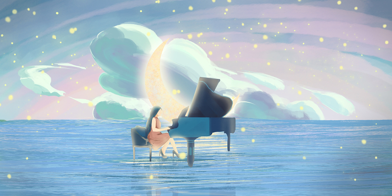 唯美梦幻手绘蓝色海边女孩钢琴独奏原创插画海报素材
