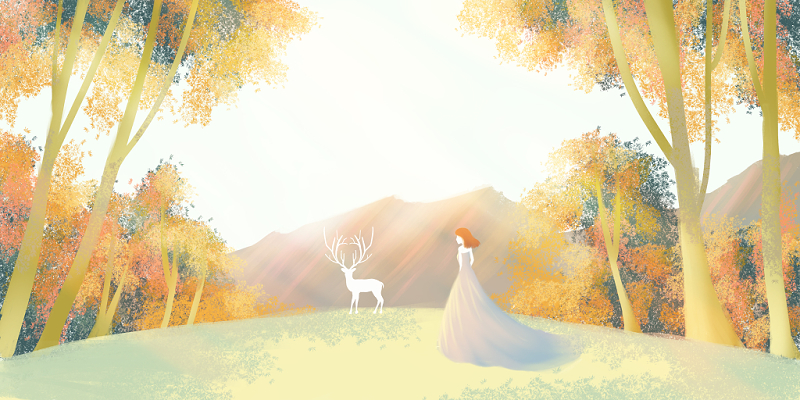 唯美黄色秋天风景森林与鹿原创插画海报背景素材