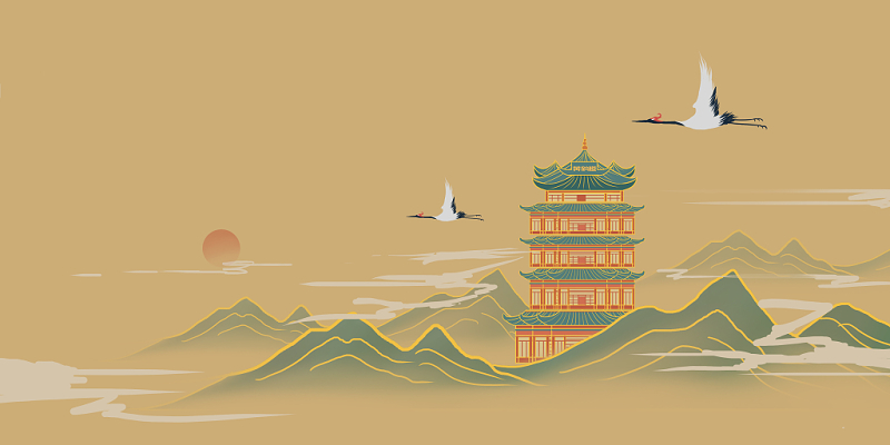 中国风中式建筑武汉黄鹤楼原创插画海报背景