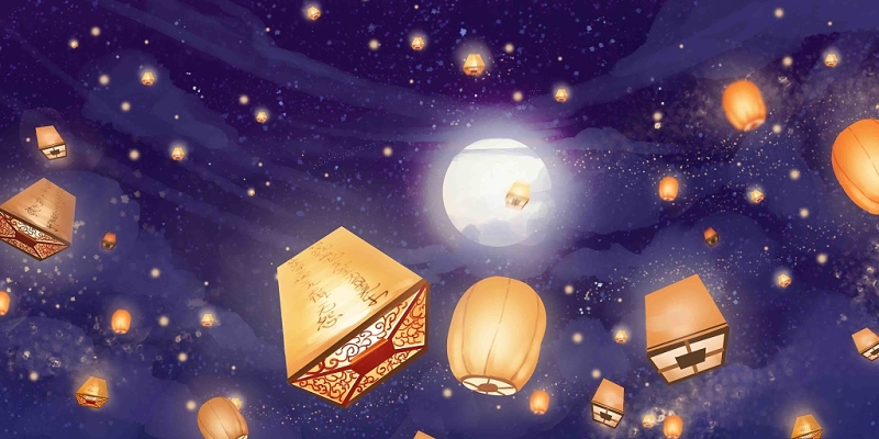 中秋 中秋节唯美仰视放天灯灯笼中元节天灯原创插画素材背景