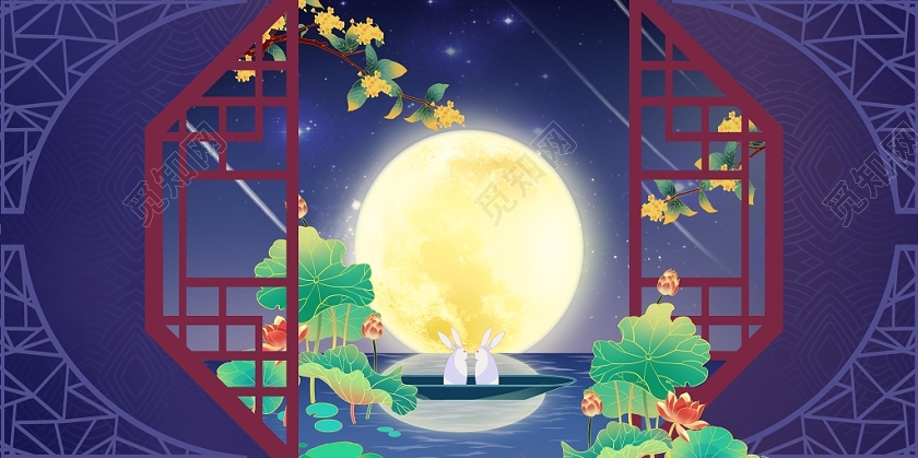 中秋玉兔窗框插画背景素材插画