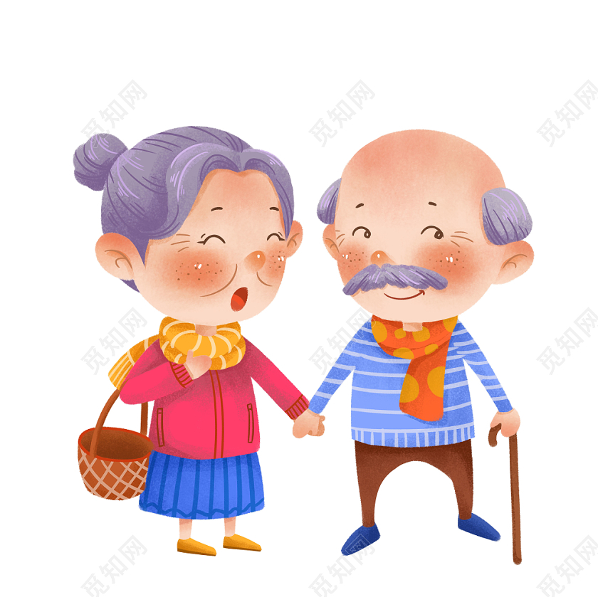 重阳节卡通幸福老人慢慢变老夫妻幸福搀扶老年人插画素材