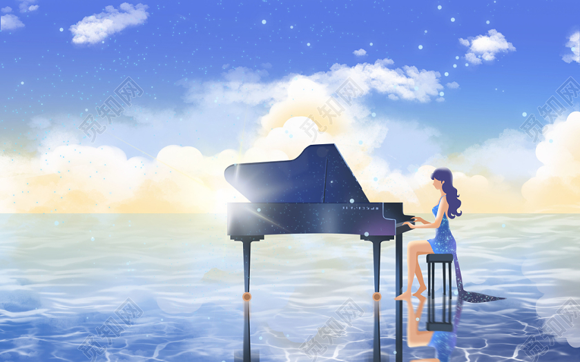 手绘唯美小清新弹钢琴的女孩原创插画海报