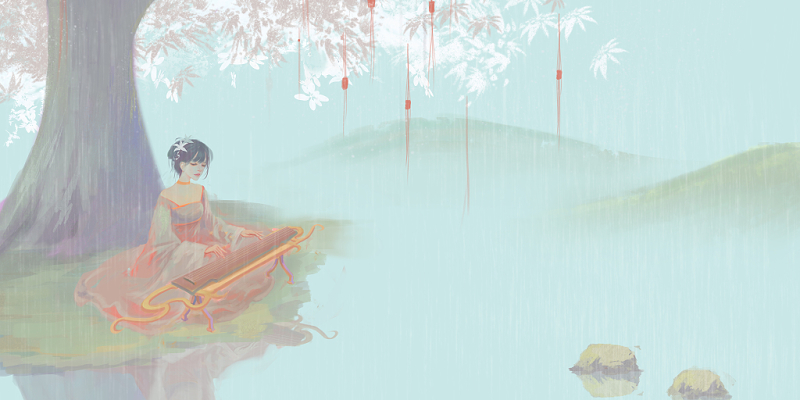 唯美古风弹琴少女手绘插画海报