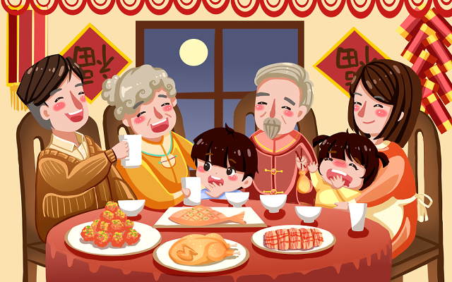 全家福春节习俗元旦春节全家团聚过年原创插画海报