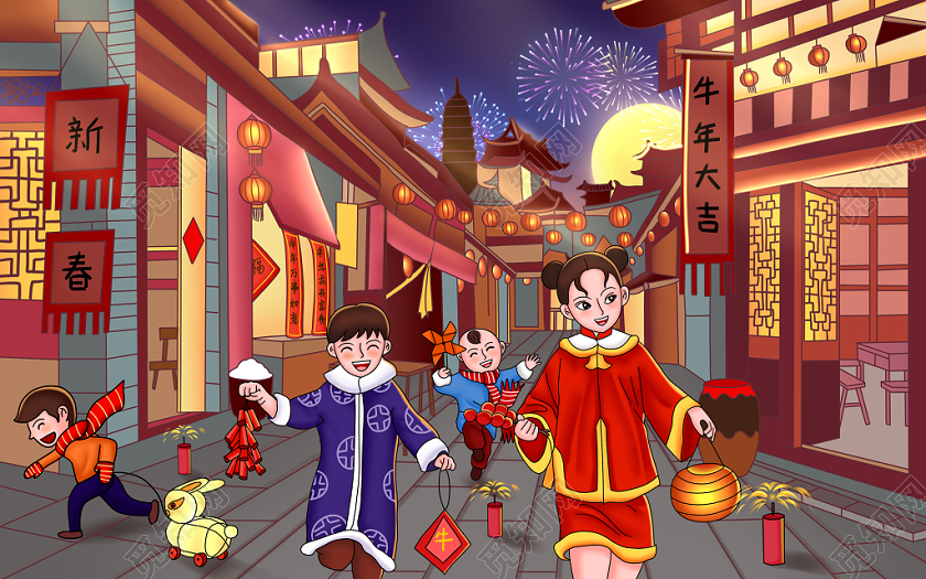 彩色卡通手绘场景春节习俗2021新年春节元宵灯会大原创海报插画图片素材免费下载 觅知网