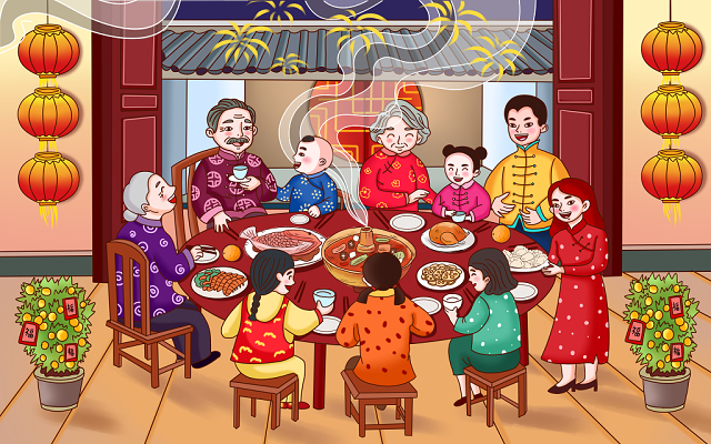 全家福年夜饭一家人喜庆年夜饭一家人吃饭春节新年