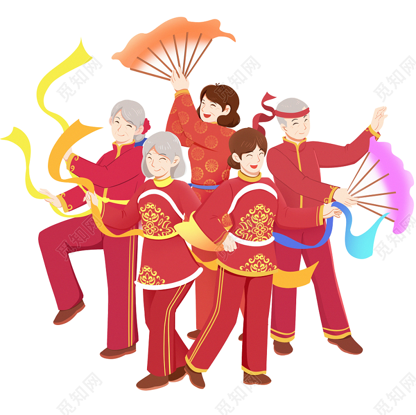 2021喜庆红色手绘春节习俗老人扭秧歌png素材春节新年扭秧歌