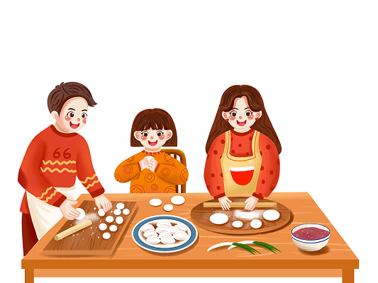 彩色手绘卡通新年春节一家人人物包饺子元素png素材